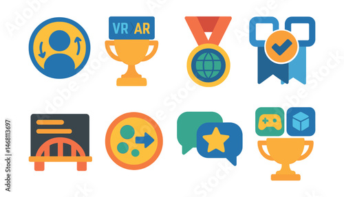 Flat vector icons of cross-platform integration: avatar sync tool badge, VR to AR transition gate trophy, metaverse passport token medal, blockchain identity verifier ribbon, platform bridge menu