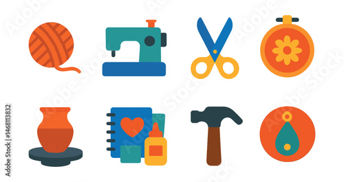 Flat vector icons of DIY and crafting hobbies: knitting yarn ball, sewing machine icon, craft scissors, embroidery hoop, handmade pottery wheel, scrapbooking supplies, woodworking hammer, handmade