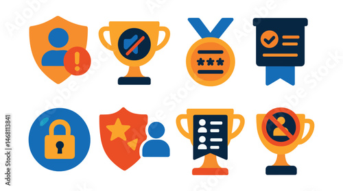 Flat vector icons of metaverse moderation tools: report avatar behavior badge, mute zone toggle trophy, chat filter settings medal, code of conduct display ribbon, privacy bubble activation icon,