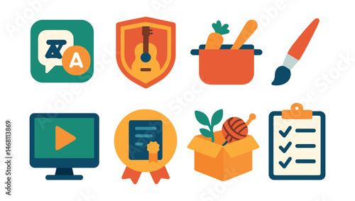 Flat vector icons of learning new skills: language learning app icon, musical instrument learning badge, cooking skill course, art class brush, online course enrollment, certificate achievement badge