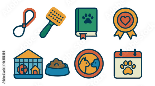 Flat vector icons of pet care hobbies: dog walking leash, cat grooming brush, pet training guide, pet adoption badge, small pet habitat, pet food bowl icon, playtime with pets badge, pet care