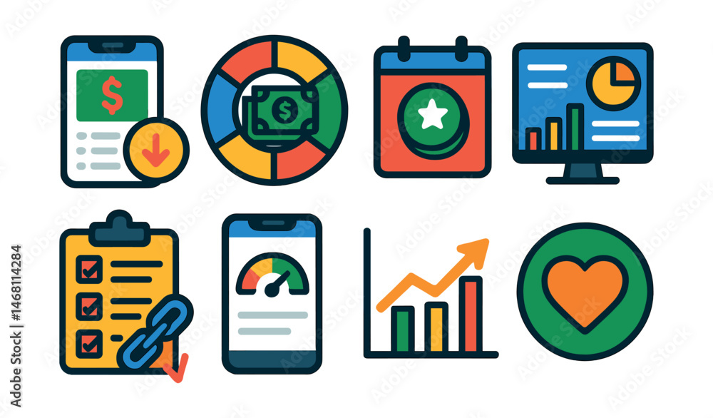 Flat vector icons of personal finance management: expense tracking app, budgeting categories badge, monthly savings goal icon, financial dashboard overview, debt payoff tracker, credit score Flat vector icons of personal finance management: expense tracking app, budgeting categories badge, monthly savings goal icon, financial dashboard overview, debt payoff tracker, credit score