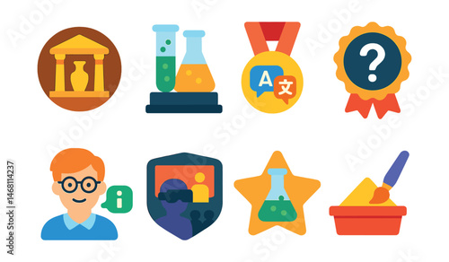 Flat vector icons of educational virtual spaces: history museum portal badge, chemistry lab station trophy, language learning booth medal, interactive quiz platform ribbon, educational NPC helper