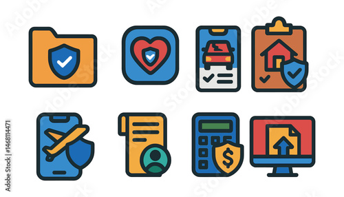 Flat vector icons of insurance and protection plans: digital insurance policy folder, health insurance app badge, car insurance claim form, property insurance checklist, travel insurance mobile app,
