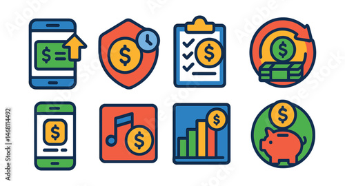 Flat vector icons of salary and income management: paycheck deposit app, salary advance request badge, side hustle income tracker, passive income goal badge, freelance payment app, royalties earnings