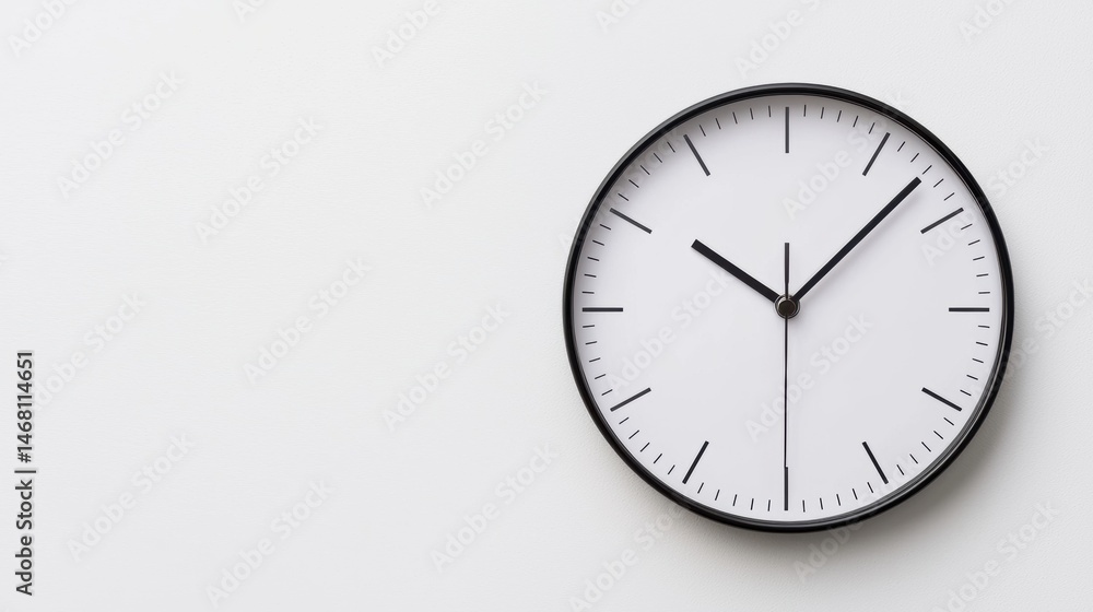 A black and white analog clock with a minimalist design. A black and white analog clock with a minimalist design.