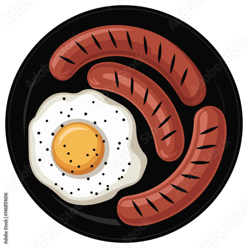 Fried eggs and sausage breakfast isolated vector illustration on white background