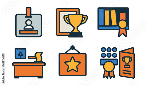 Flat vector icons of auction house elements: registration desk badge, lot preview room trophy, auction catalog shelf medal, bidder seating layout ribbon, appraisal office icon, item holding area