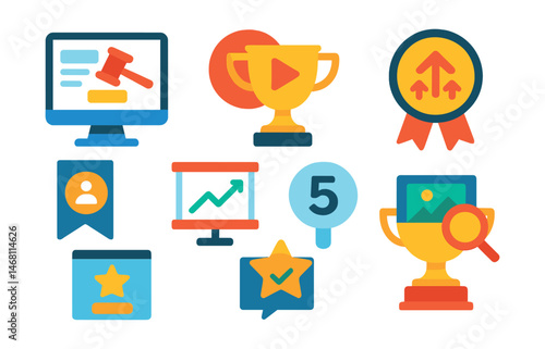 Flat vector icons of online auctions: online bidding dashboard badge, live stream auction trophy, bid increment arrows medal, auction platform login ribbon, bidding history chart icon, digital paddle