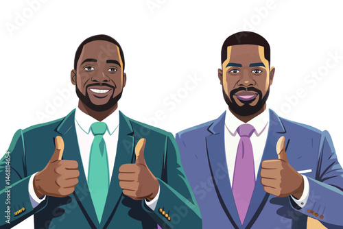 Confident African American businessman giving thumbs up gesture, symbolizing success, approval, and positivity. Isolated on white background, ideal for corporate, leadership, and diversity vector
