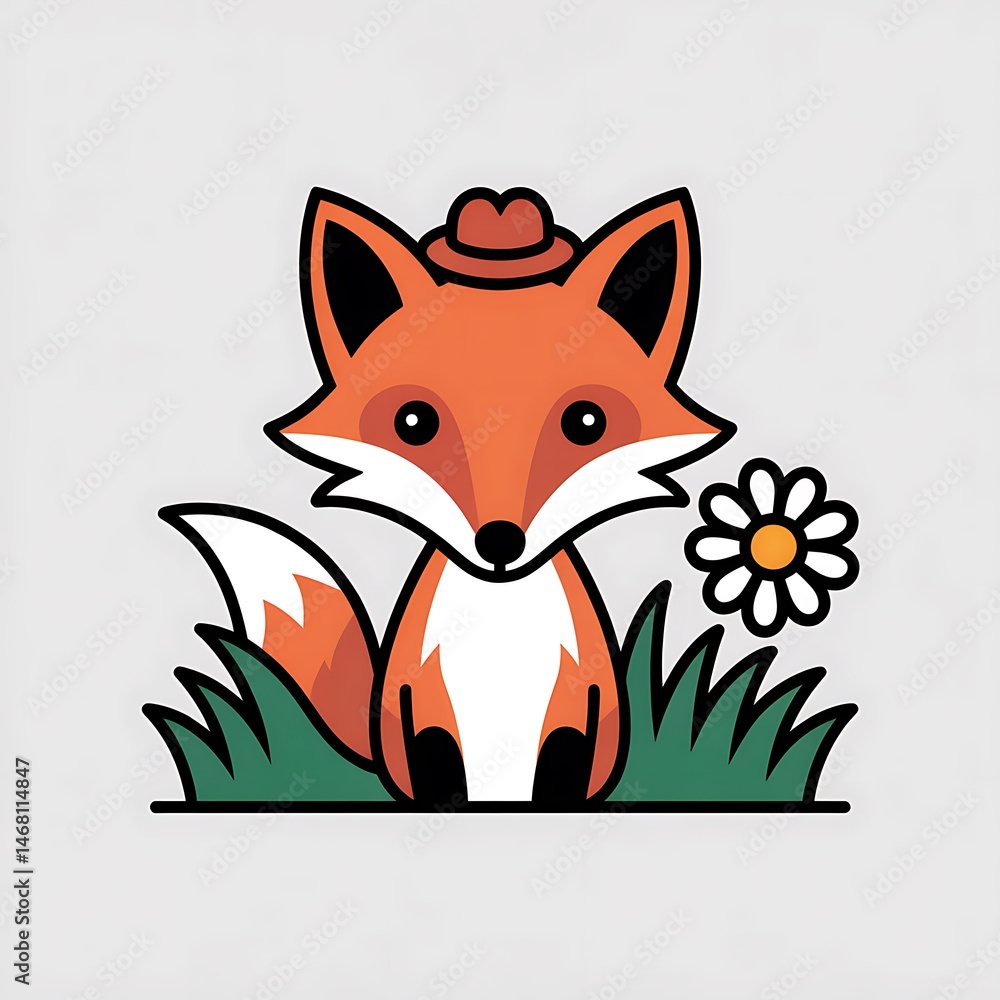 Obraz premium Cute Fox: Adorable fox sporting a charming hat. sitting amidst the grassy field, and a floral companion to add a touch of color and harmony. A delightful image!