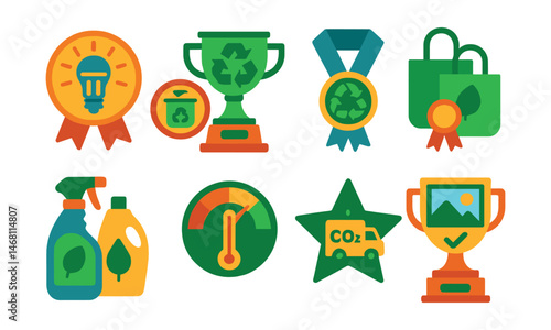 Flat vector icons of gallery sustainability: LED lighting system badge, no-waste exhibit material trophy, recycled display signage medal, eco tote bags ribbon, green cleaning products icon,