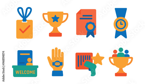 Flat vector icons of exhibition access and entry: RSVP pass badge, VIP guest list trophy, open admission flyer medal, timed entry slot ribbon, welcome table sign-in icon, hand stamp or wristband