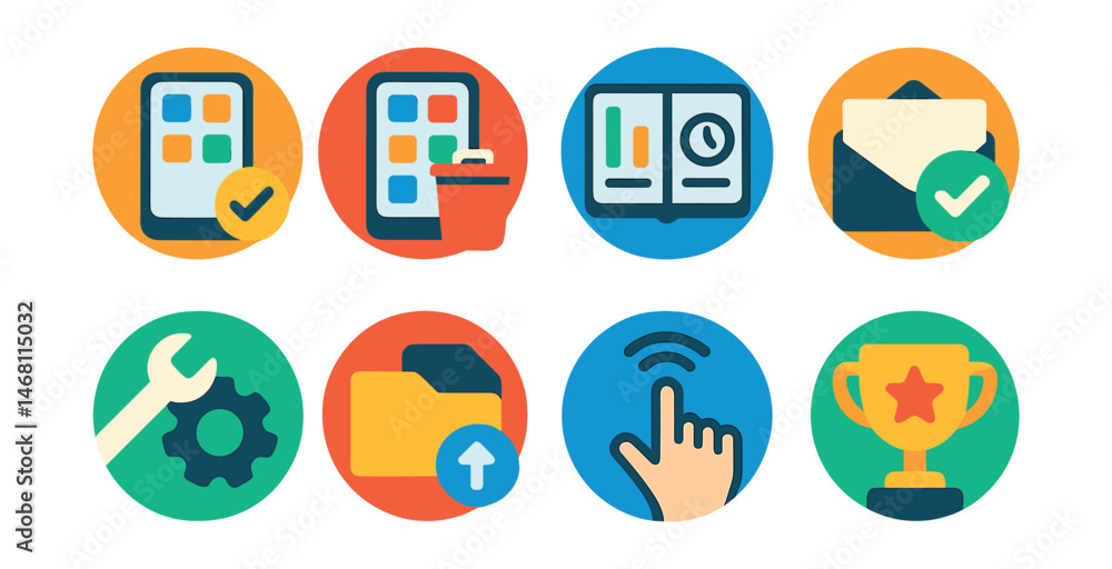 Flat vector icons of practicing digital minimalism: organizing device home screens badge, deleting unused apps badge, setting app usage limits planner, practicing inbox zero badge, simplifying Flat vector icons of practicing digital minimalism: organizing device home screens badge, deleting unused apps badge, setting app usage limits planner, practicing inbox zero badge, simplifying