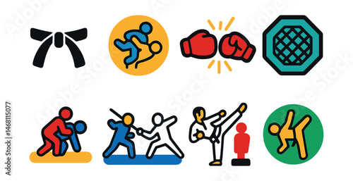 Flat vector icons of martial arts and combat sports: karate belt icon, judo throw badge, boxing gloves punch, MMA octagon badge, wrestling takedown icon, fencing match scene, taekwondo high kick,
