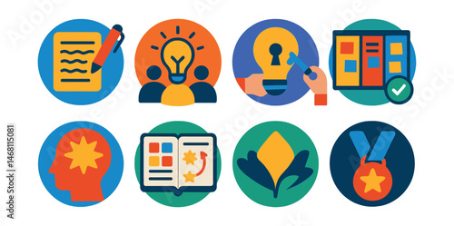 Flat vector icons of developing creative productivity: practicing freewriting sessions badge, organizing brainstorming workshops badge, creating idea vaults badge, using creative project boards badge