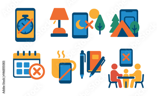 Flat vector icons of building digital balance habits: setting screen time boundaries badge, practicing tech-free evenings badge, participating in digital detox weekends badge, setting