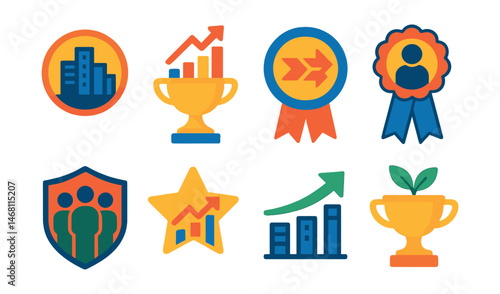 Flat vector icons of population and demographic forecasts: urbanization trend badge, population growth graph trophy, migration pattern forecast medal, aging population trend ribbon, workforce