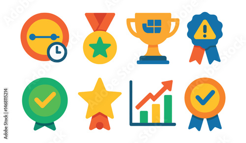 Flat vector icons of project delivery forecasts: project timeline estimate badge, milestone achievement prediction medal, resource allocation forecast trophy, risk and delay prediction ribbon,