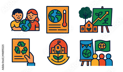 Flat vector icons of eco education and awareness: eco kids education icon, climate change facts poster, sustainable habits workbook, green future lesson plan, recycling workshop flyer, school garden