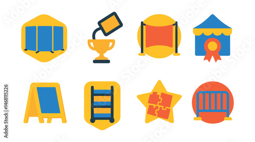 Flat vector icons of temporary exhibition structures: modular display wall badge, portable light fixture trophy, flexible stage panel medal, tent or marquee roof ribbon, collapsible signage board