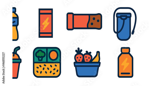 Flat vector icons of sports nutrition and hydration: energy drink bottle icon, electrolyte powder packet, protein bar snack, meal prep for athletes, recovery smoothie cup, healthy sports snacks set,