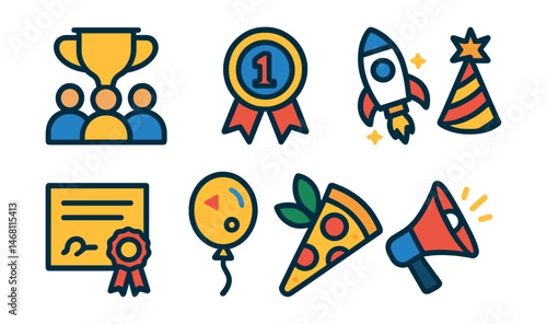 Flat vector icons of office celebration and achievements: team success trophy, work anniversary badge, project launch party icon, birthday celebration hat, employee recognition certificate, milestone