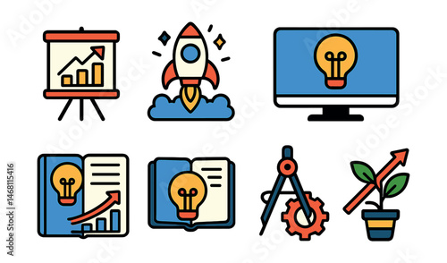 Flat vector icons of entrepreneurship and startups: business pitch deck badge, startup launch celebration, MVP product release icon, venture funding milestone, business plan writing guide,
