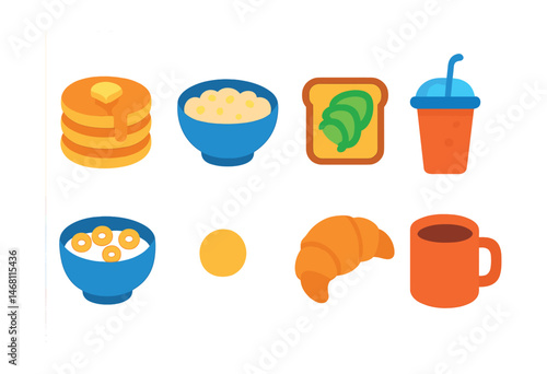 Flat vector icons of breakfast foods: stack of pancakes, bowl of oatmeal, toast with avocado, fruit smoothie cup, breakfast cereal bowl, sunny side up egg, croissant pastry, coffee mug.