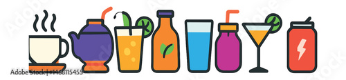Flat vector icons of beverages: hot coffee cup, tea pot and cup, lemonade glass, fresh juice bottle, water glass icon, smoothie jar, cocktail glass, soda can.