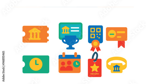 Flat vector icons of museum ticketing and access: printed ticket stub badge, online reservation form trophy, QR entry scanner medal, membership card ribbon, timed ticket icon, group booking schedule
