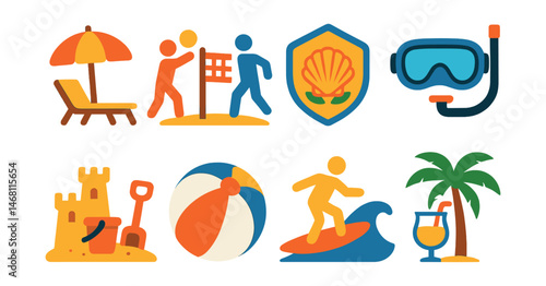 Flat vector icons of beach and vacation activities: sun umbrella and chair, beach volleyball game, seashell collecting badge, snorkeling mask, sandcastle building set, beach ball icon, surfing board