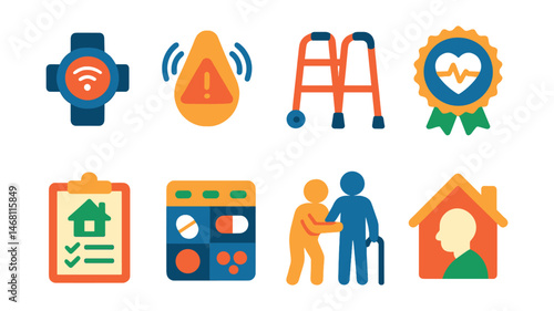 Flat vector icons of elderly care and safety: senior alert bracelet, fall detection device, mobility aid icon, regular health check badge, elderly home safety checklist, daily medication tracker,