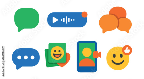 Flat vector icons of mobile messaging apps: chat bubble icon, voice message symbol, read receipt badge, group chat thread, typing indicator dots, sticker pack, video call screen, emoji reaction badge