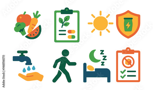 Flat vector icons of immunity boosting habits: vitamin-rich food plate, herbal supplements guide, sunshine exposure tracker, immunity shot drink badge, regular handwashing reminder, daily movement