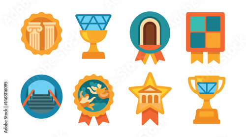 Flat vector icons of museum architecture details: classical columns badge, glass atrium roof trophy, arched doorway medal, mosaic floor tiles ribbon, wide staircase view icon, ceiling fresco detail