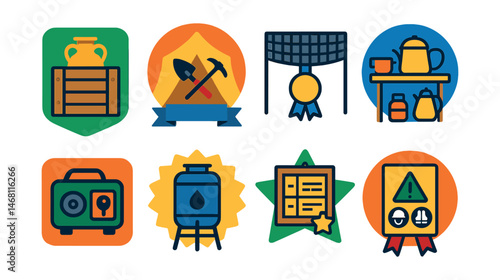 Flat vector icons of archaeological site logistics: artifact transport crate badge, site tent with tools trophy, shade net structure medal, field kitchen setup ribbon, portable generator icon, water