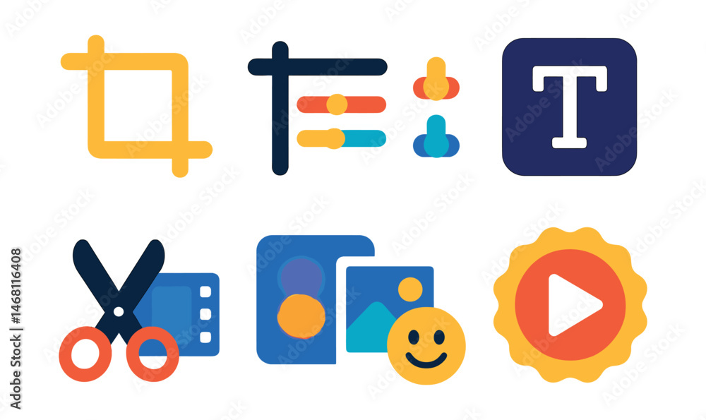 Flat vector icons of photo and video editing apps: crop tool icon, color adjustment sliders, filter selection grid, add text icon, video trim scissors, background blur effect, sticker pack for photos