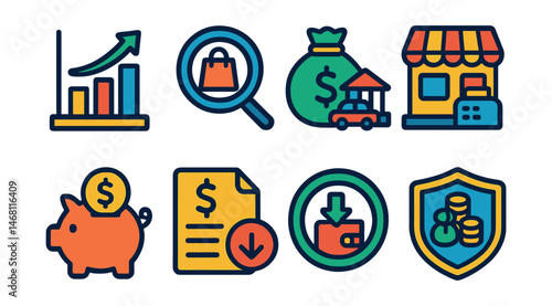 Flat vector icons of basic taxes for kids: simple tax chart, understanding sales tax badge, learning where taxes go, tax money and public services poster, imaginary tax role-play shop, “save for