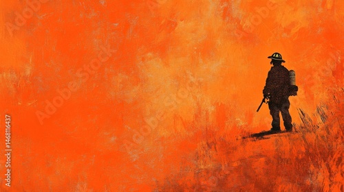 Brave firefighter silhouette against a stunning orange background portrays courage and strength in the face of adversity, showcasing heroism in the line of duty for stock photography use.