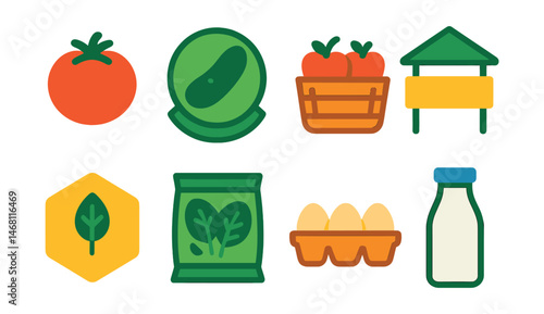 Flat vector icons of organic foods: organic tomato icon, organic cucumber badge, organic apple basket, farmers market sign, pesticide-free label, organic spinach bag, free-range egg box, organic milk