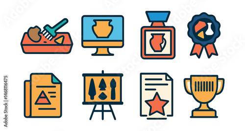 Flat vector icons of post-excavation analysis: artifact cleaning tray badge, digital catalog entry trophy, drawing reconstruction frame medal, material composition test ribbon, interpretive report