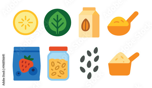 Flat vector icons of smoothie ingredients: banana slice icon, spinach leaf badge, almond milk carton, peanut butter scoop, frozen berries bag, oats jar, chia seeds sprinkle, protein powder scoop.