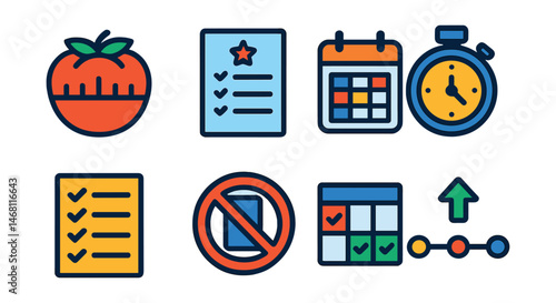 Flat vector icons of time management and productivity: pomodoro timer icon, productivity planning sheet, daily time blocking calendar, focused deep work timer, prioritized to-do list, avoid
