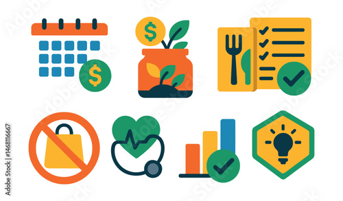 Flat vector icons of personal finance self-improvement: monthly budget tracker, emergency fund growth icon, saving goal chart, conscious spending list, no impulse buying challenge, financial health