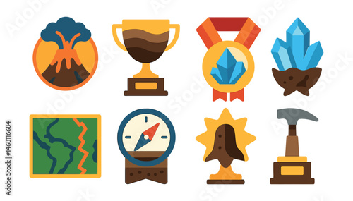 Flat vector icons of geology and earth science: volcano eruption badge, rock strata layer trophy, crystal and mineral sample medal, earthquake seismograph ribbon, tectonic plate map icon, compass and