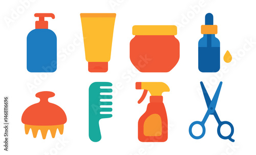 Flat vector icons of hair care routines: shampoo bottle, hair conditioner tube, hair mask jar, hair serum dropper, scalp massage brush, detangling comb, heat protectant spray, hair trimming scissors.