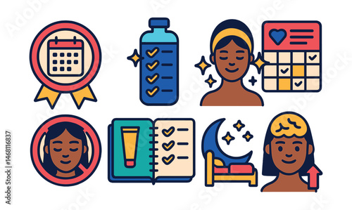 Flat vector icons of beauty challenges and trackers: 30-day skincare challenge badge, water intake beauty tracker, glowing skin challenge, mindful beauty habits chart, makeup-free day badge, daily