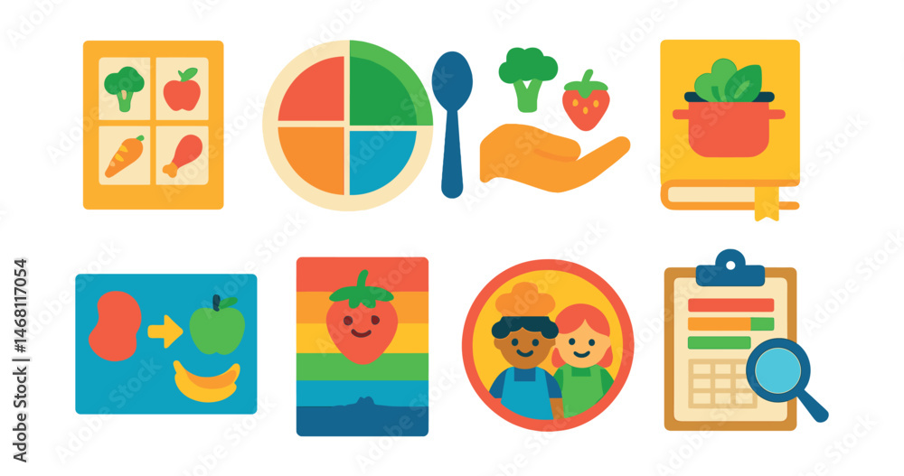 Flat vector icons of nutrition education for kids: food groups poster, colorful plate guide, portion size icon, fun vegetable recipes, healthy snack swap chart, rainbow eating challenge, cooking with Flat vector icons of nutrition education for kids: food groups poster, colorful plate guide, portion size icon, fun vegetable recipes, healthy snack swap chart, rainbow eating challenge, cooking with