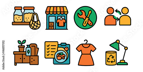 Flat vector icons of low-waste lifestyle: bulk buying essentials, secondhand store shopping, repair workshops badge, community swapping event, low-waste kitchen setup, zero food waste meal planning,